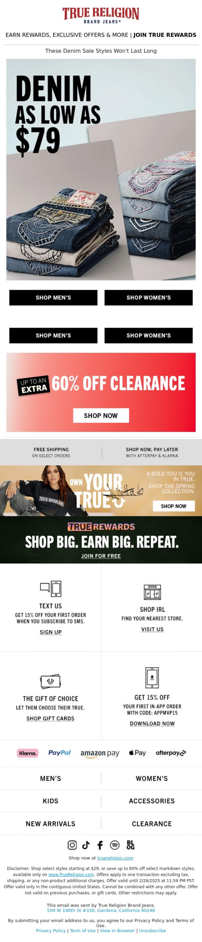 Email Design Inspiration from True Religion, HOT DEAL ALERT 🔥 $79 DENIM 🔥