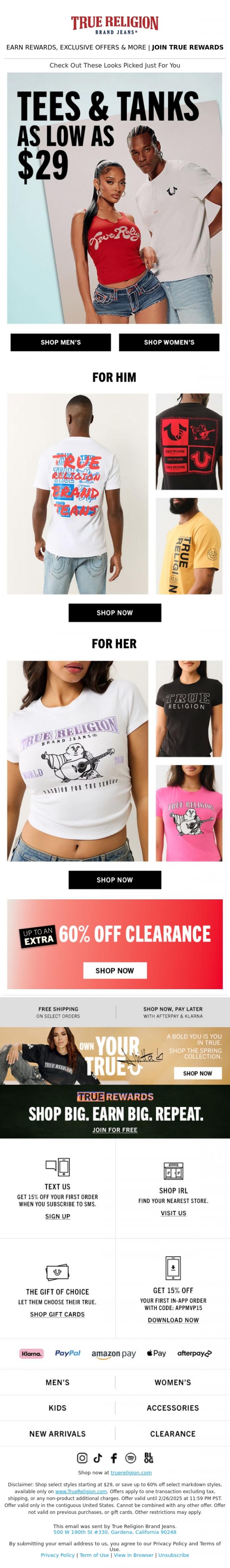 Email Design Inspiration from True Religion, 🔥 $29 TEES ARE RUNNING OUT 🔥