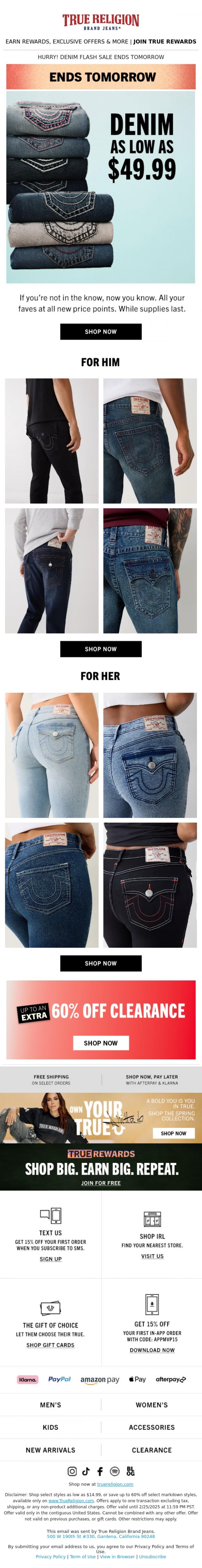 Email Design Inspiration from True Religion, ENDS SOON ⚡ $49.99 DENIM FLASH SALE