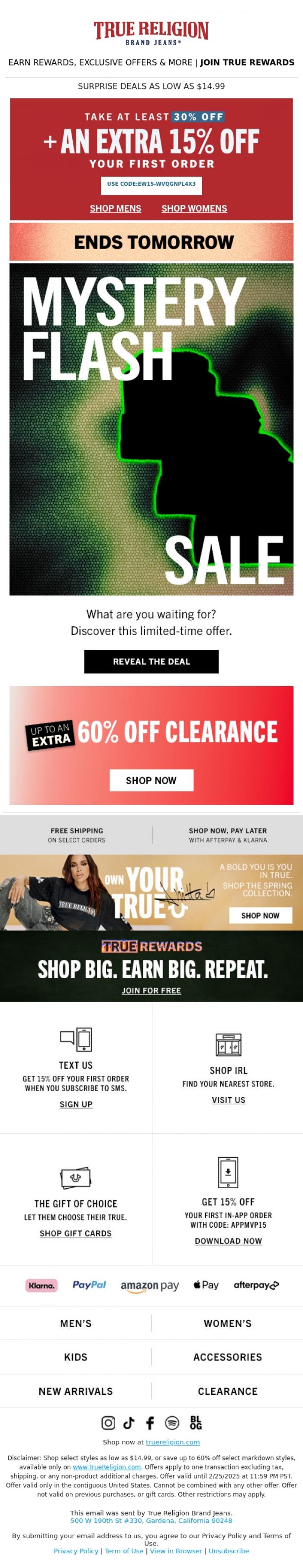 Email Design Inspiration from True Religion, Hey, Your Mystery Offer ENDS TOMORROW⚡️