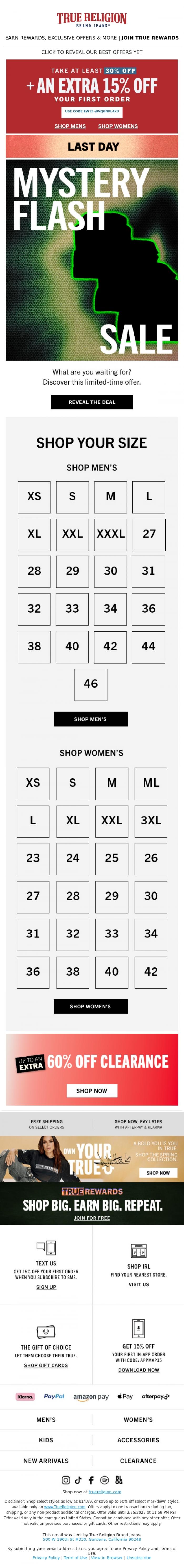 Email Design Inspiration from True Religion, CLAIM BY MIDNIGHT❗❗ MYSTERY FLASH SALE 