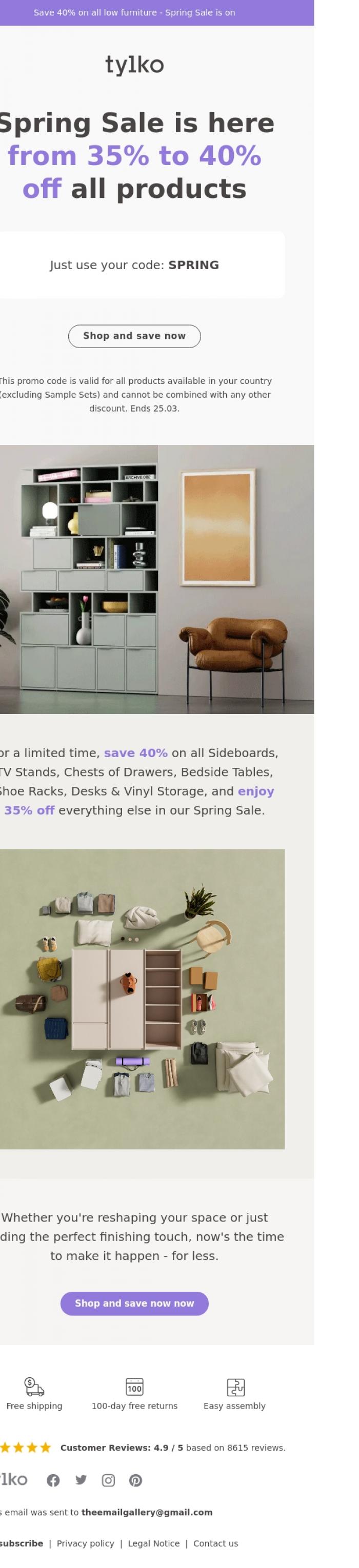 Email Design Inspiration from Tylko, Spring Sale: 40% off all low furniture...