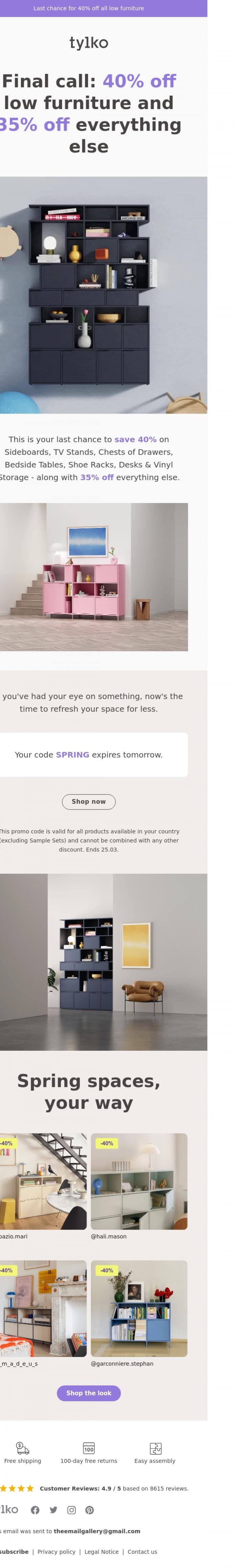 Email Design Inspiration from Tylko, 40% off low furniture ends tomorrow...