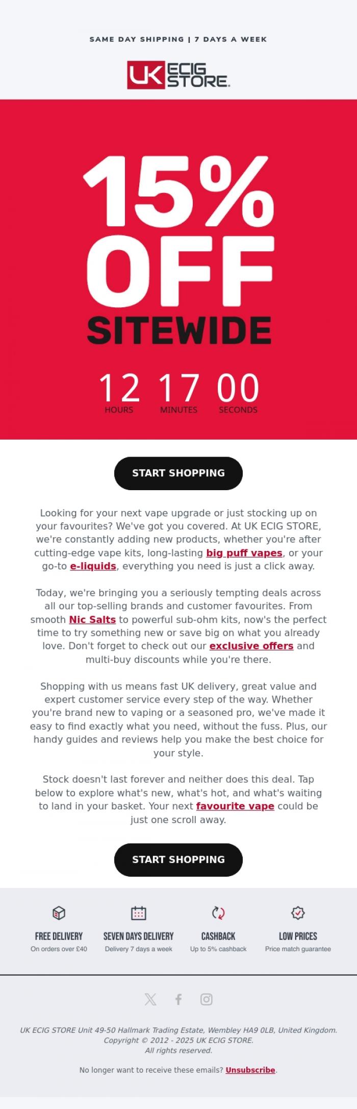 Email Design Inspiration from UK ECIG STORE, 15% OFF SITEWIDE 🔥