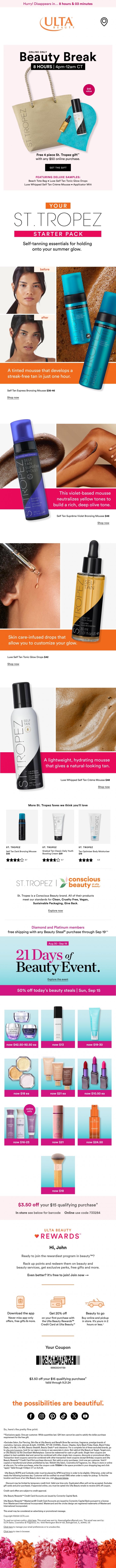 Email Design Inspiration from Ulta Beauty, Ready, set, GLOW ➡️ FREE 4 PC gift from St. Tropez ✨