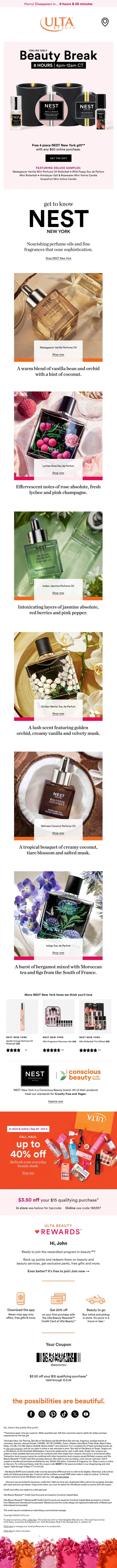 Email Design Inspiration from Ulta Beauty, The best-smelling 4 PC NEST New York fragrance gift inside 👇