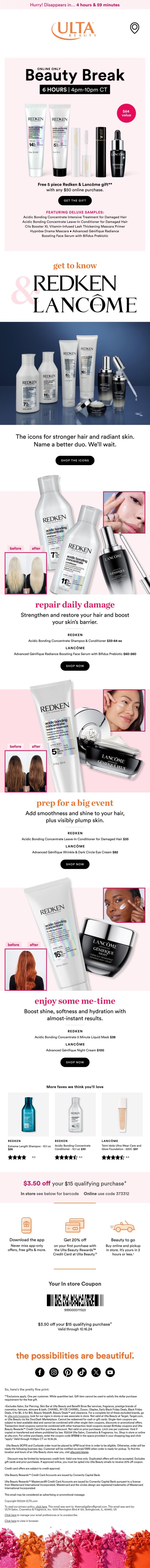 Email Design Inspiration from Ulta Beauty, FREE 5 PC gift from Redken & Lanc&ocirc;me 💕