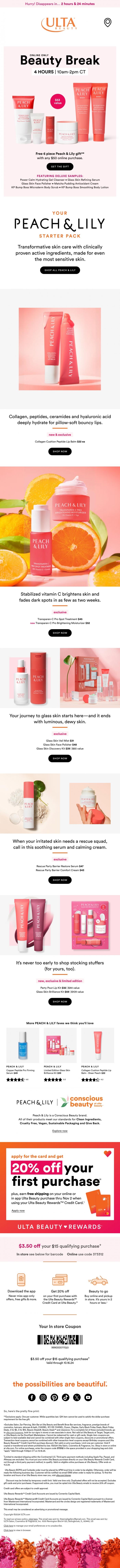 Email Design Inspiration from Ulta Beauty, 🍑 FREE 6 PC Peach & Lily skin care gift today only! 🍑