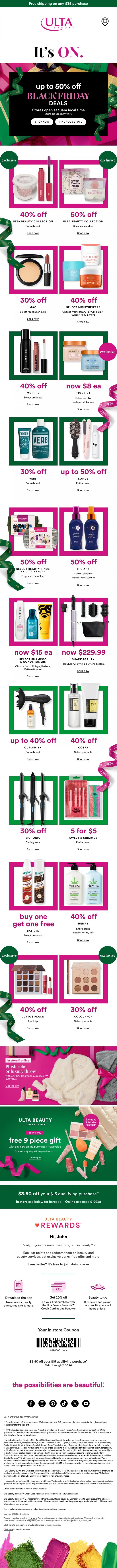 Email Design Inspiration from Ulta Beauty, Black Friday is officially 🔛