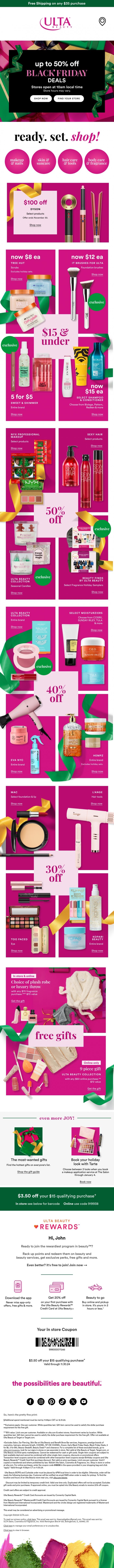 Email Design Inspiration from Ulta Beauty, Stores open at 10am-shop Black Friday deals online NOW! 🛍️