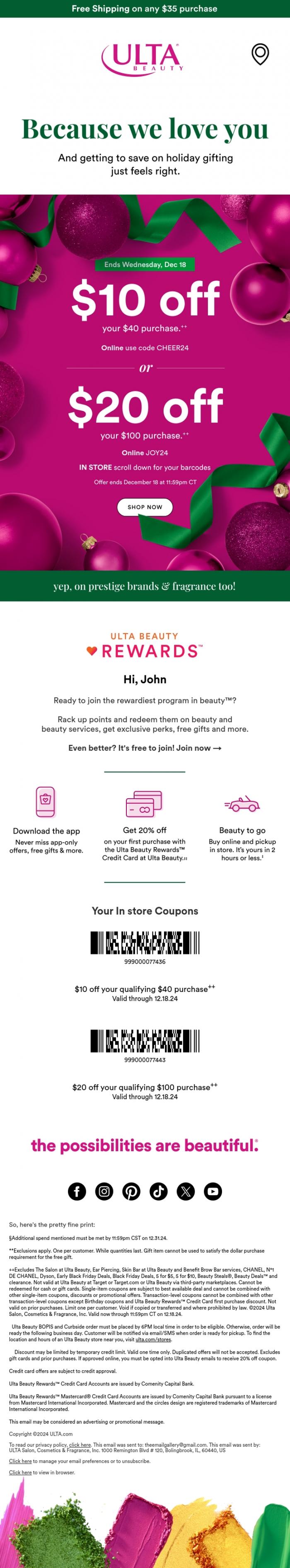 Email Design Inspiration from Ulta Beauty, $20 off $100 or $10 off $40 ⏰ Time to finish your shopping list