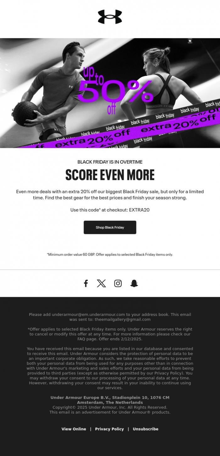 Email Design Inspiration from Under Armour, Save an extra 20% off for a limited time