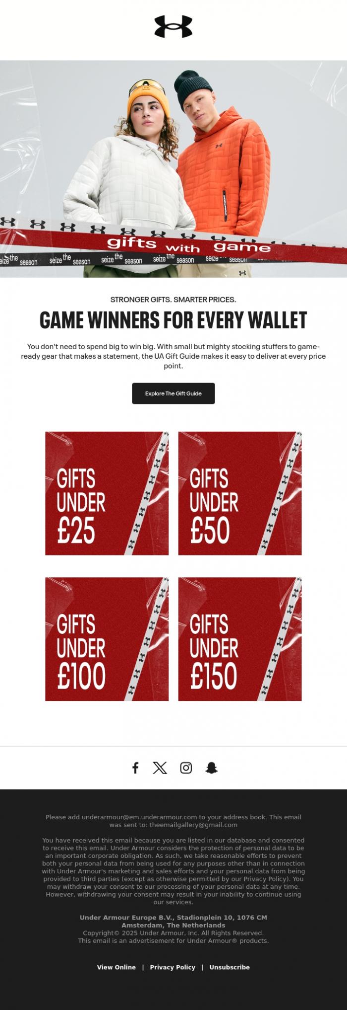 Email Design Inspiration from Under Armour, Strong gifts at smart prices