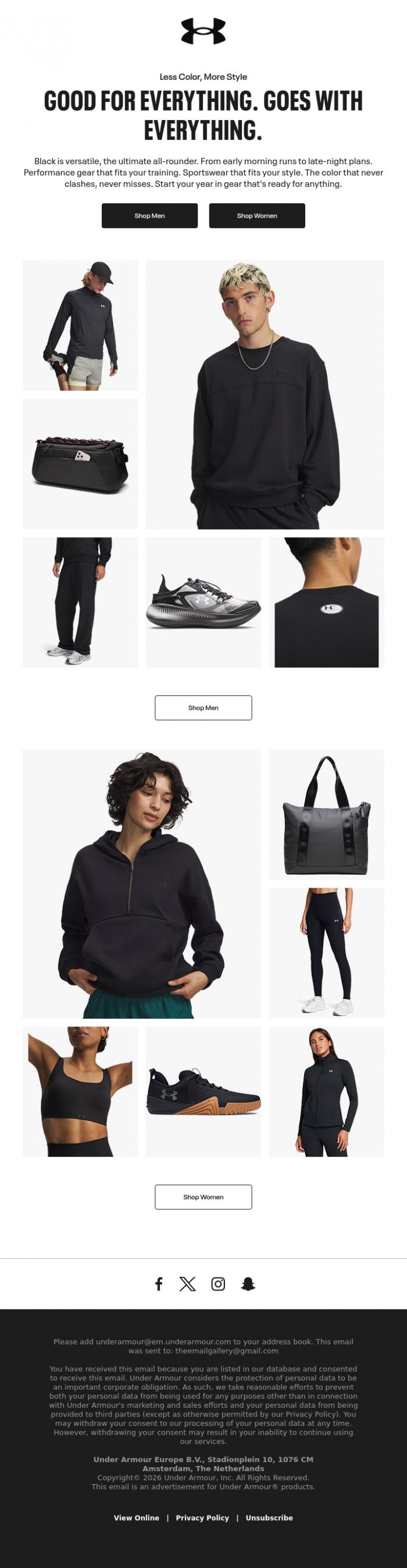 Email Design Inspiration from Under Armour, All Black. No Limits.
