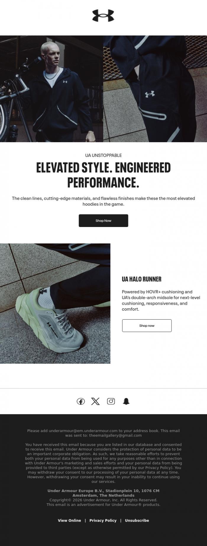 Email Design Inspiration from Under Armour, Unstoppable Hoodies. Unbeatable colors.