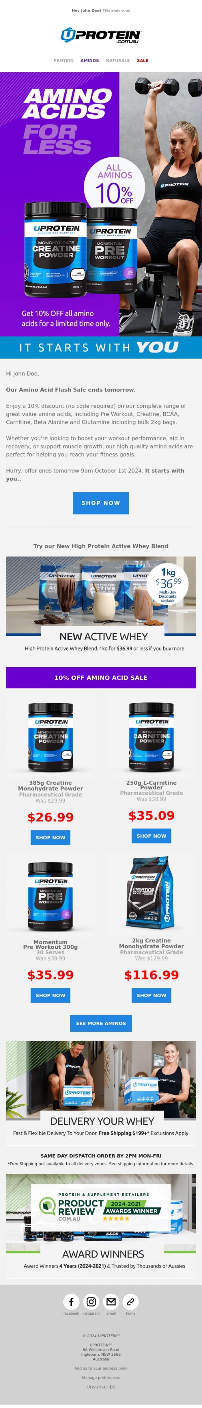 Email Design Inspiration from UPROTEIN&trade;, 🚨 Ends Tomorrow. Flash Sale 10% Off Amino Acids