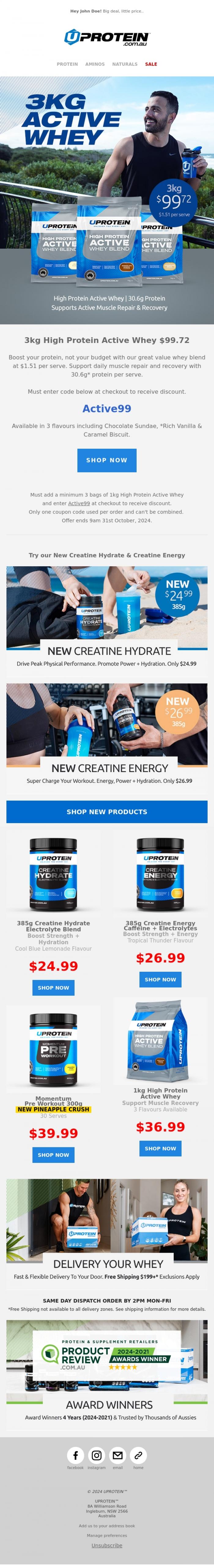 Email Design Inspiration from UPROTEIN&trade;, ⚡ 3kg Active Whey Protein for only $99.72