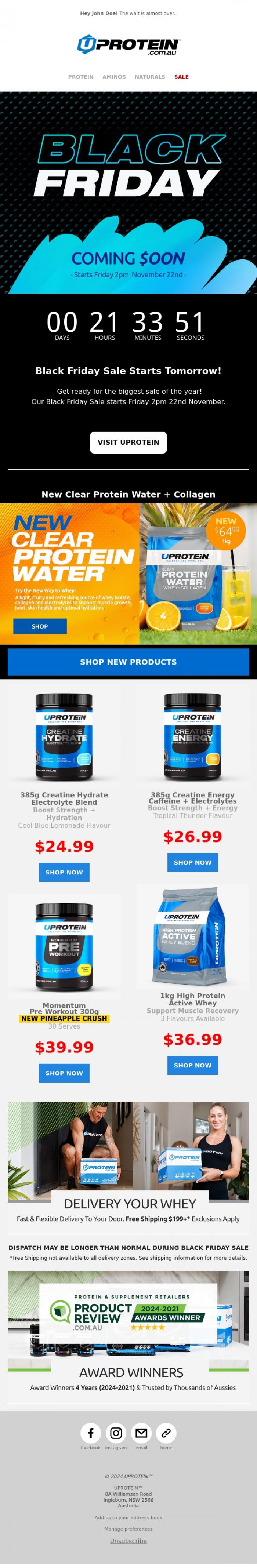 Email Design Inspiration from UPROTEIN&trade;, Black Friday Sale Starts Tomorrow! ⚡