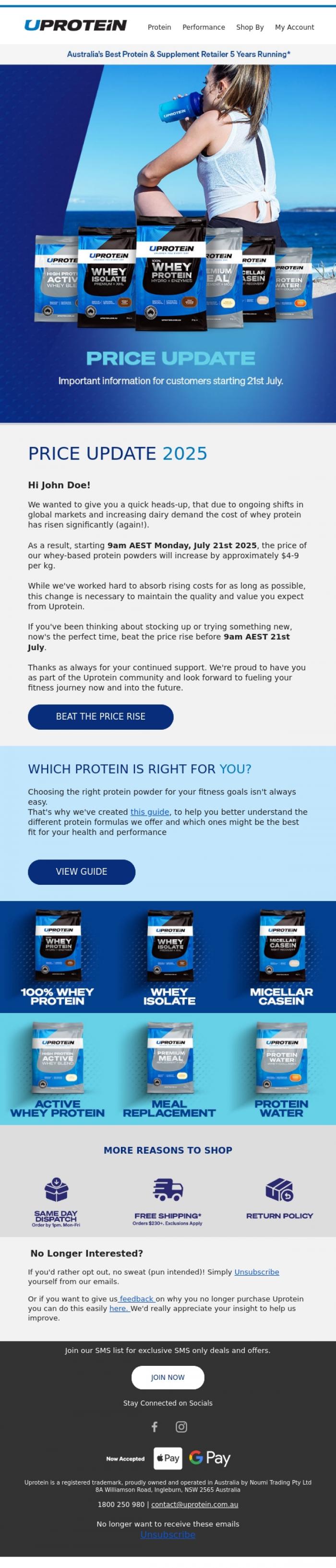 Email Design Inspiration from UPROTEIN&trade;, Whey Price Update 2025