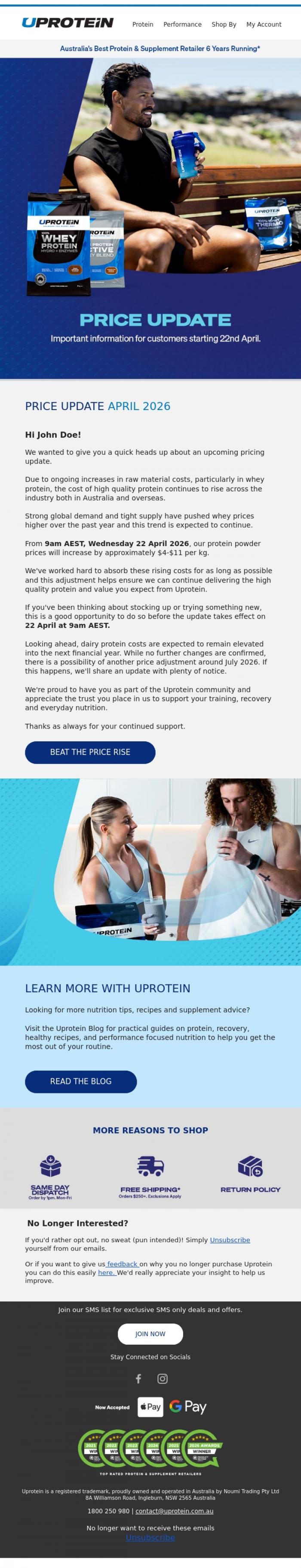 Email Design Inspiration from UPROTEIN&trade;, Protein Price Update 2026