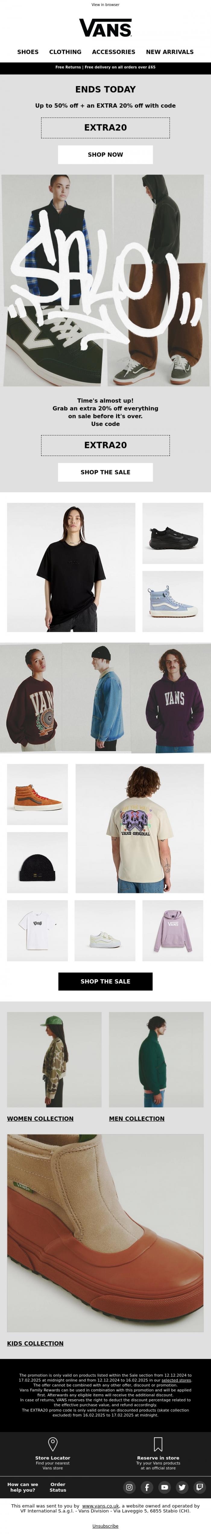 Email Design Inspiration from VANS, LAST CALL: extra 20% off SALE  ⏰