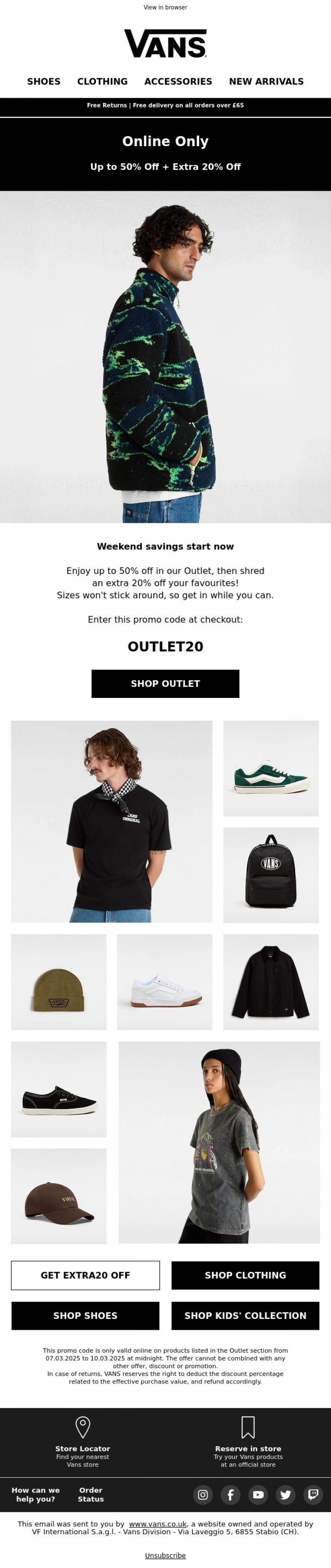 Email Design Inspiration from VANS, Take an extra 20% off Outlet 🙌