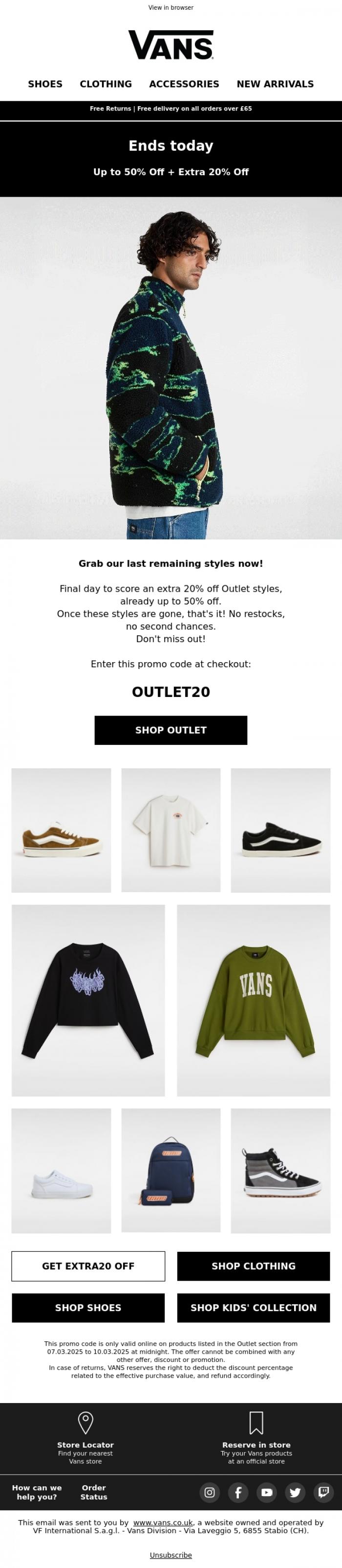 Email Design Inspiration from VANS, Last chance! Extra 20% off Outlet styles