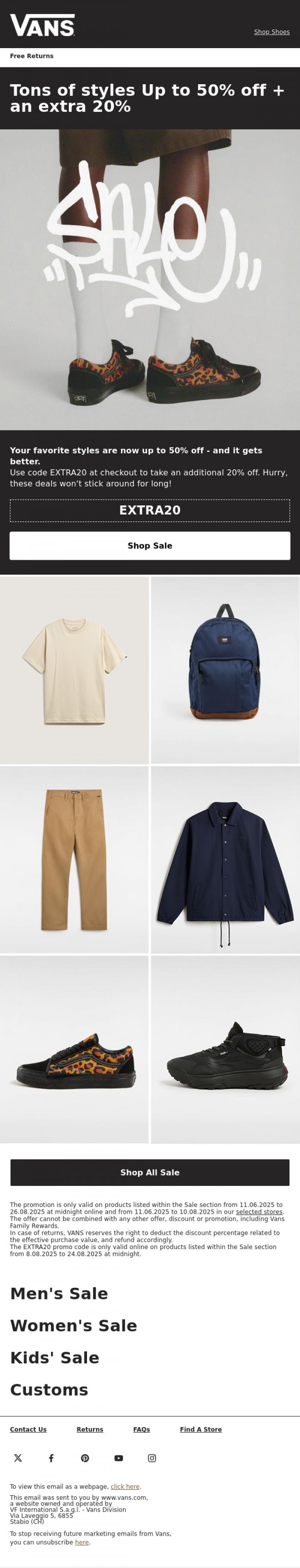 Email Design Inspiration from VANS, Bigger discounts just dropped - up to 50% off + extra 20%