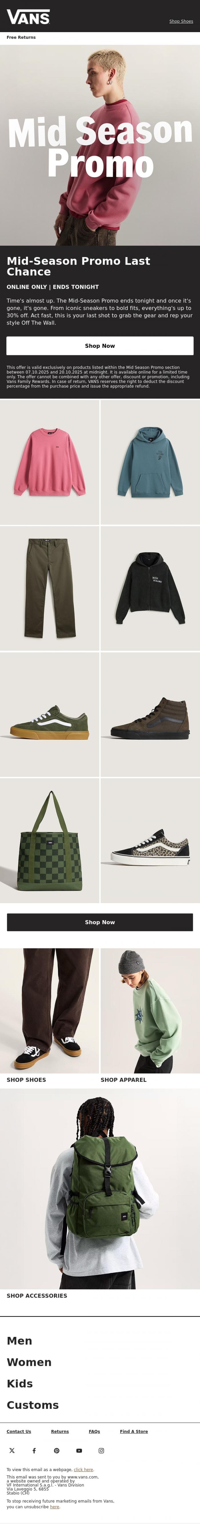 Email Design Inspiration from VANS, Last Chance! Mid-Season Promo Ends Tonight