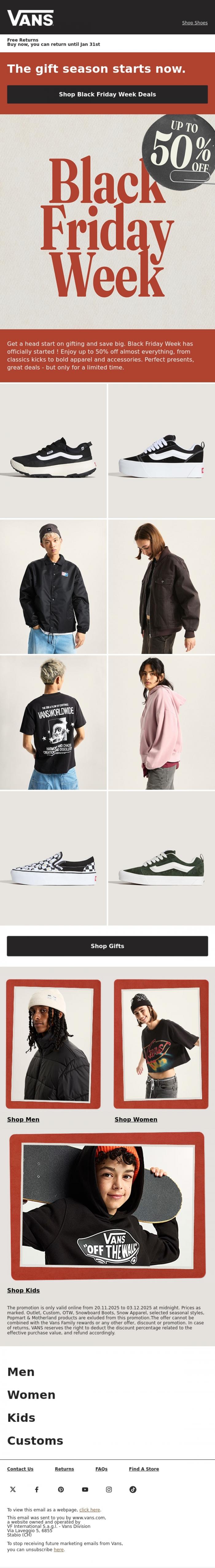 Email Design Inspiration from VANS, Save big on holiday gifts this season​