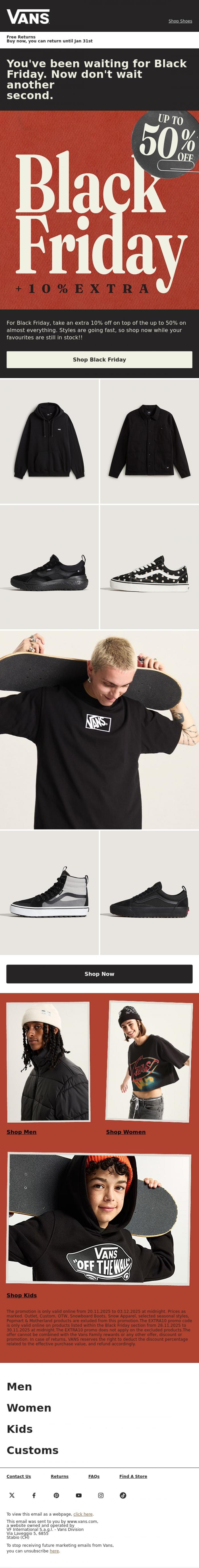 Email Design Inspiration from VANS, Grab an extra 10% off almost everything