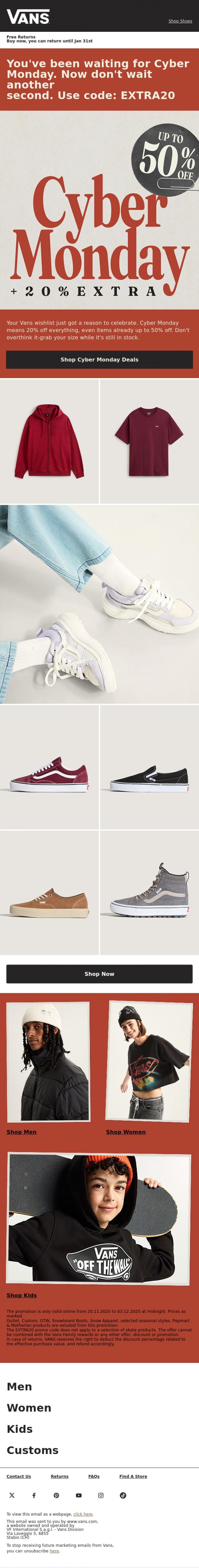 Email Design Inspiration from VANS, Cyber Monday: Extra 20% off already up to 50% off