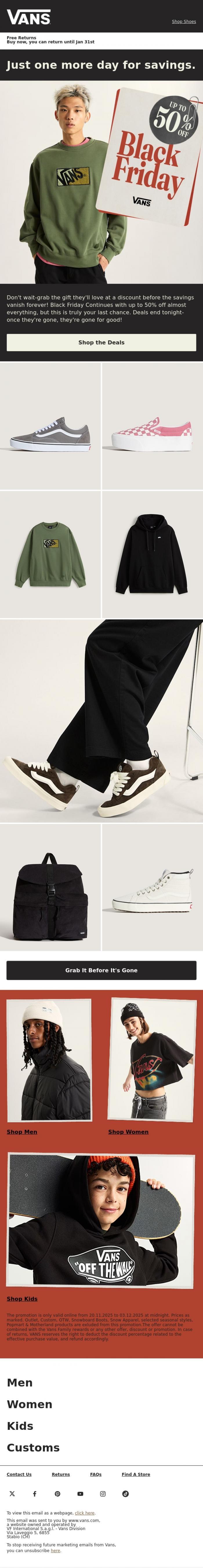 Email Design Inspiration from VANS, Final call: up to 50% off almost everything