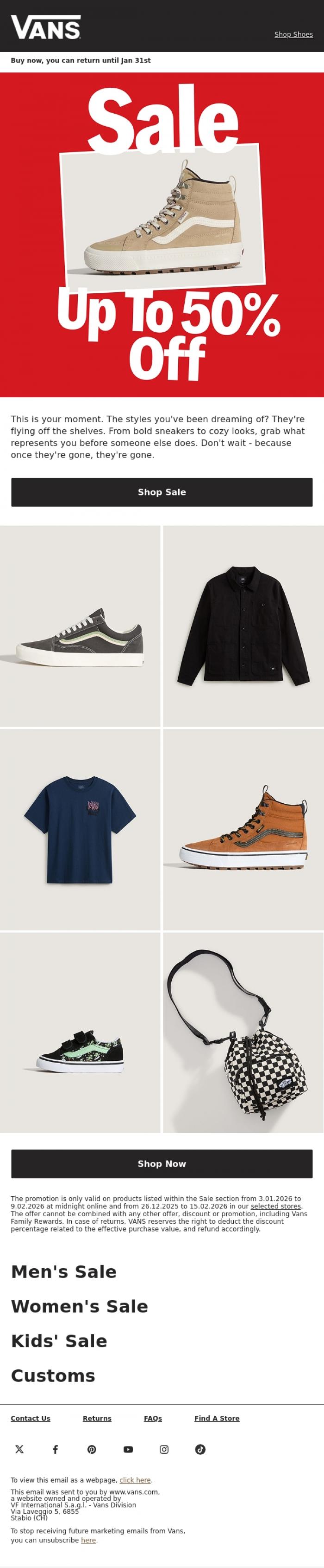 Email Design Inspiration from VANS, Don't Miss Out: Up to 50% Off!