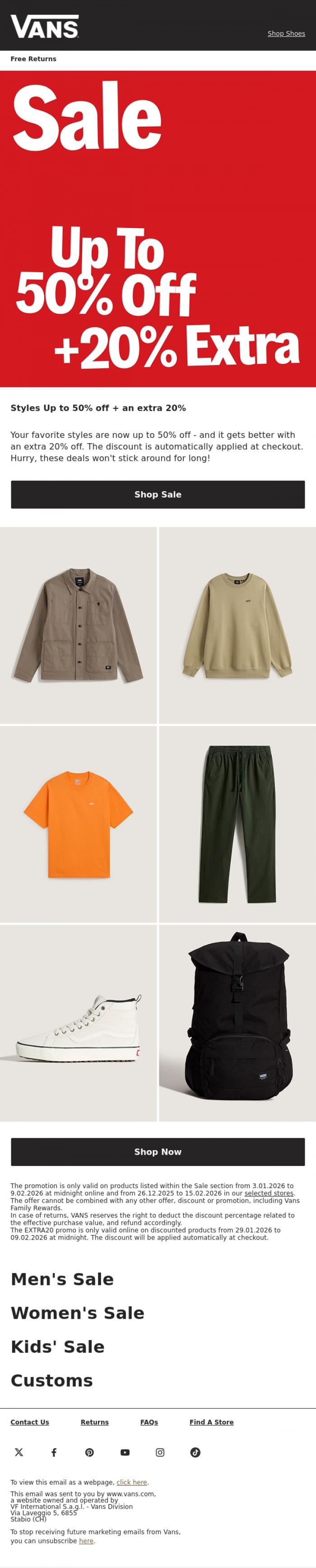 Email Design Inspiration from VANS, Bigger discounts just dropped - up to 50% off + extra 20%