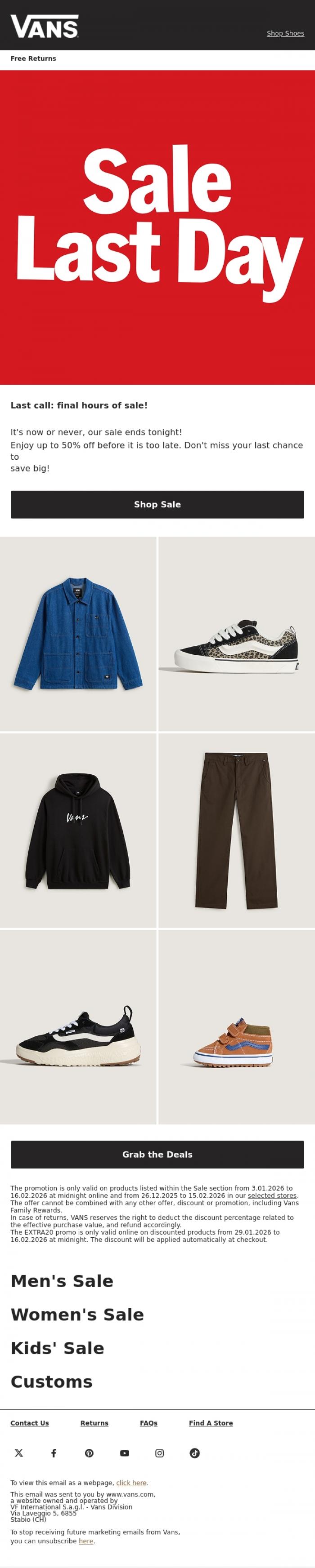 Email Design Inspiration from VANS, Last call: final hours of sale!