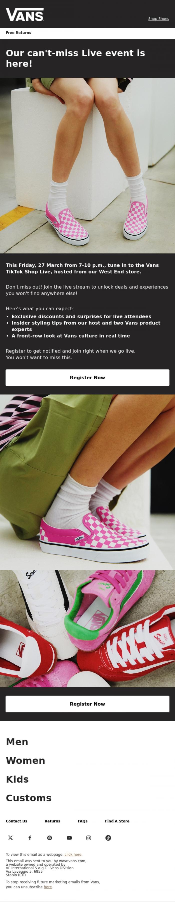 Email Design Inspiration from VANS, Don't miss the Vans TikTok Shop Live