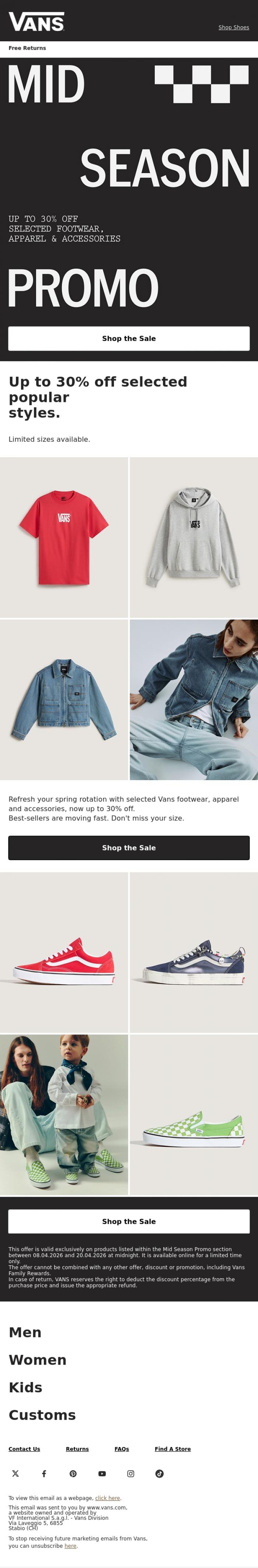 Email Design Inspiration from VANS, Mid Season Promo: Up to 30% Off