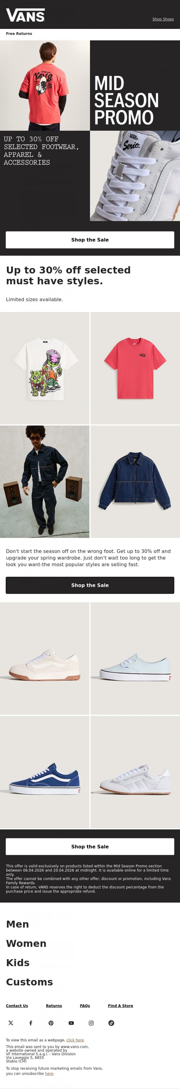Email Design Inspiration from VANS, Mid Season Promo: Up to 30% Off