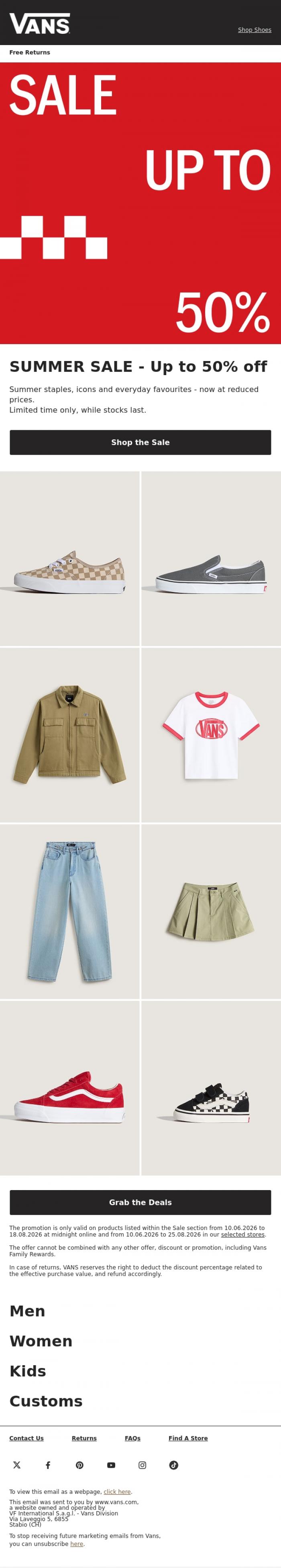 Email Design Inspiration from VANS, Summer Sale is on: up to 50% off