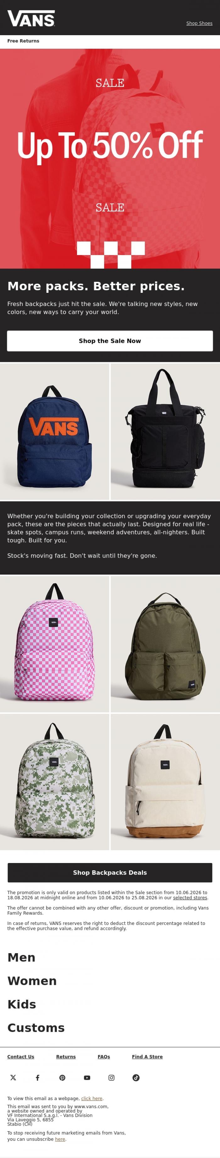 Email Design Inspiration from VANS, Your backpack game just leveled up. And it's on sale.
