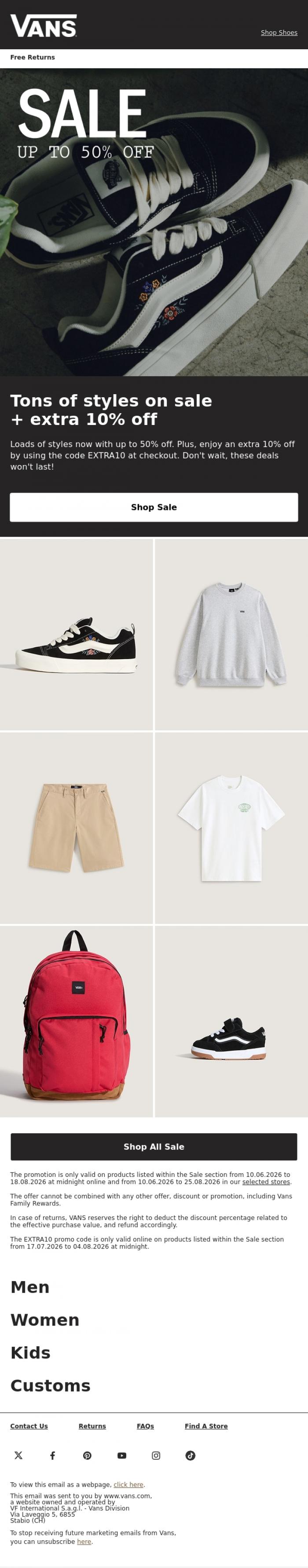 Email Design Inspiration from VANS, SALE: up to 50% + extra 10% off