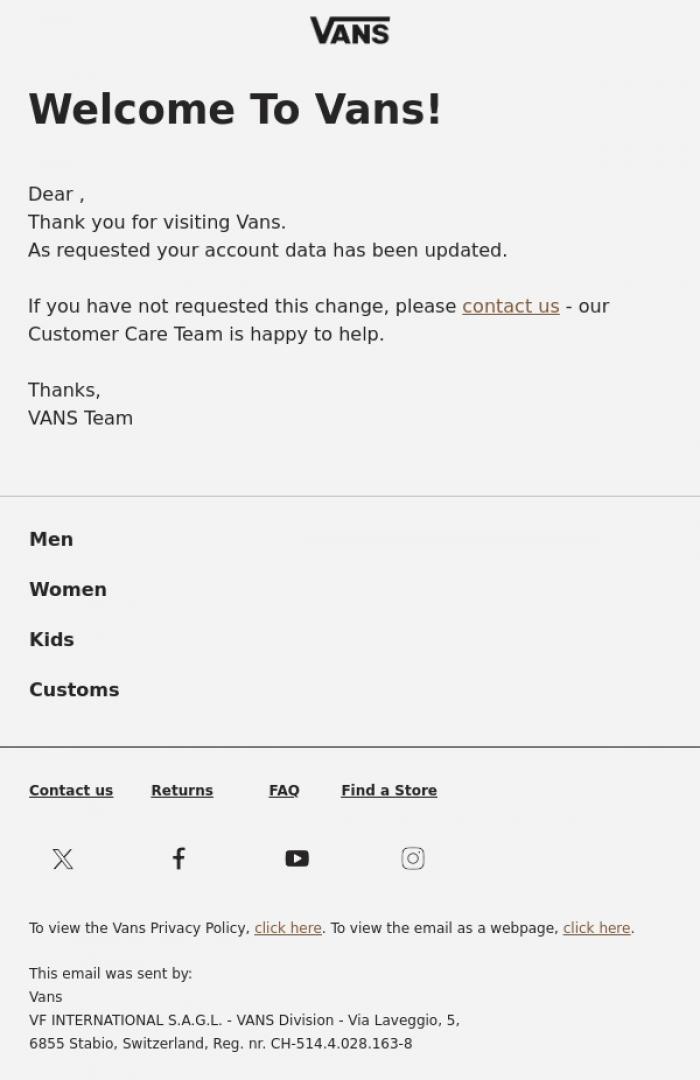 Email Design Inspiration from VANS, Your Vans Account has been Updated