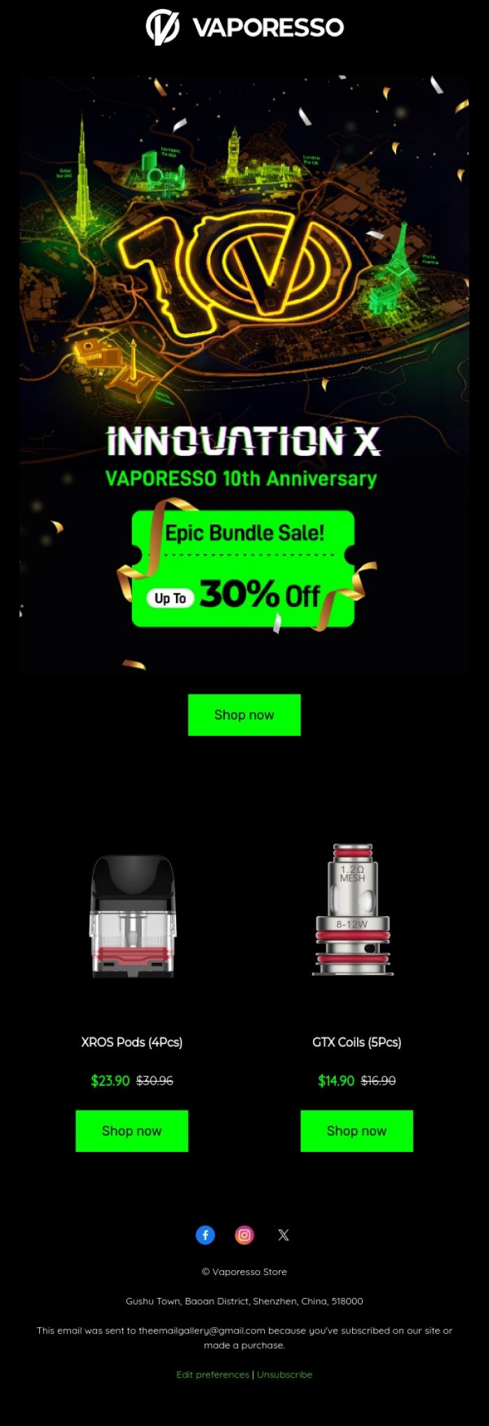 Email Design Inspiration from Vaporesso Store, 📣Up to 30% OFF ❗ VAPORESSO 10th Anniversary Epic Bundle Sale💸