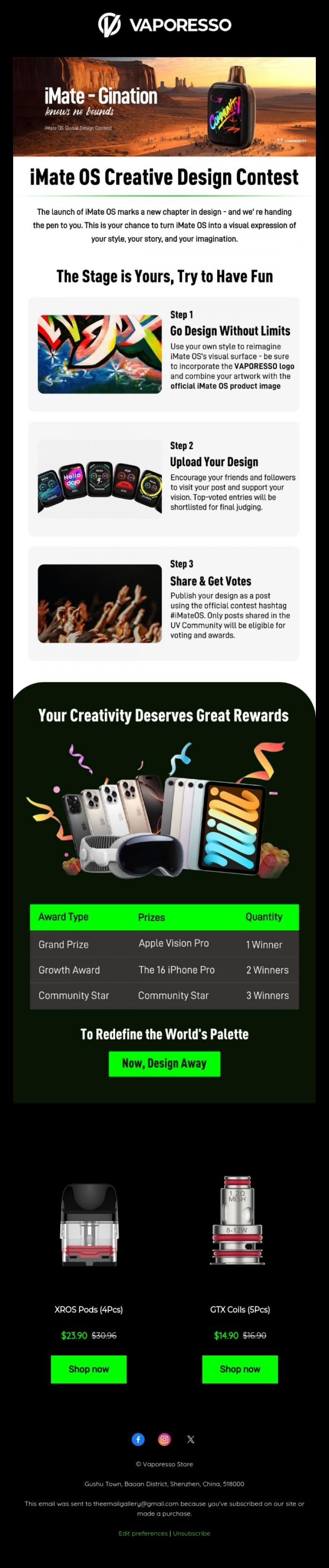 Email Design Inspiration from Vaporesso Store, 🎁Join the iMate OS design contest & win APPLE products!⌚
