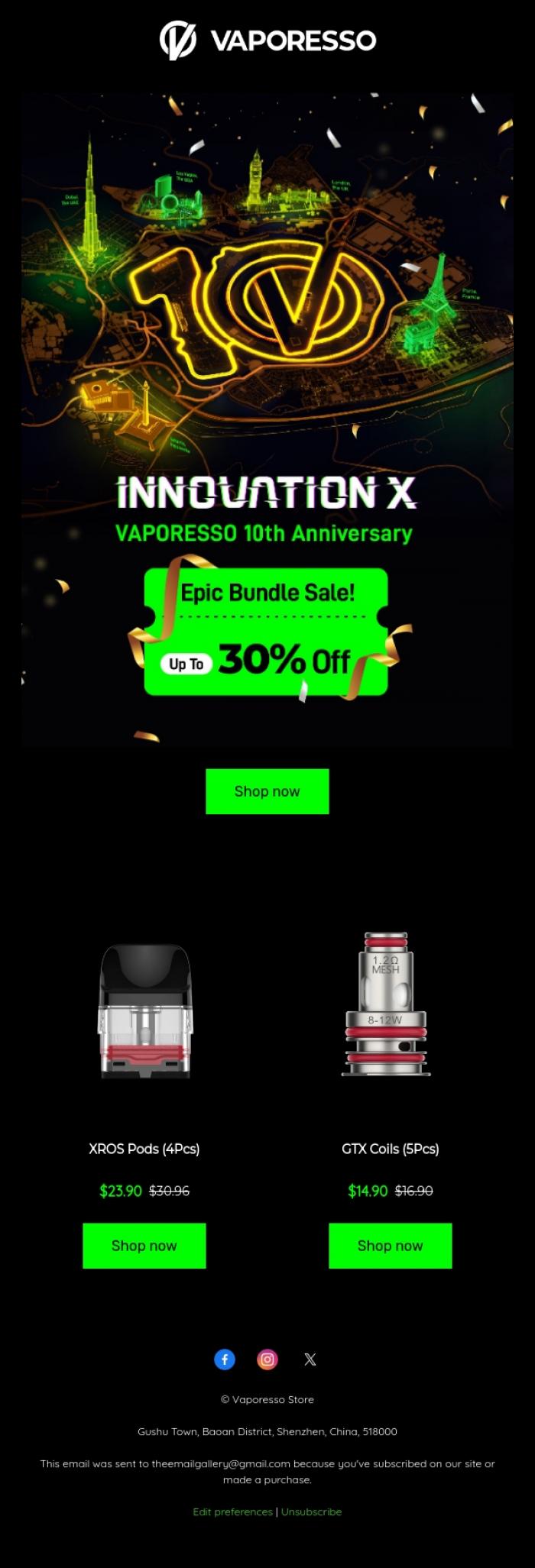 Email Design Inspiration from Vaporesso Store, 📣Up to 30% OFF ❗ VAPORESSO 10th Anniversary Epic Bundle Sale💸