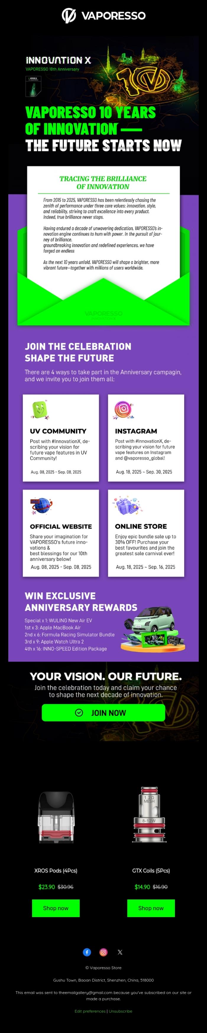 Email Design Inspiration from Vaporesso Store, 📣VAPORESSO 10 Years - The Future Starts Now