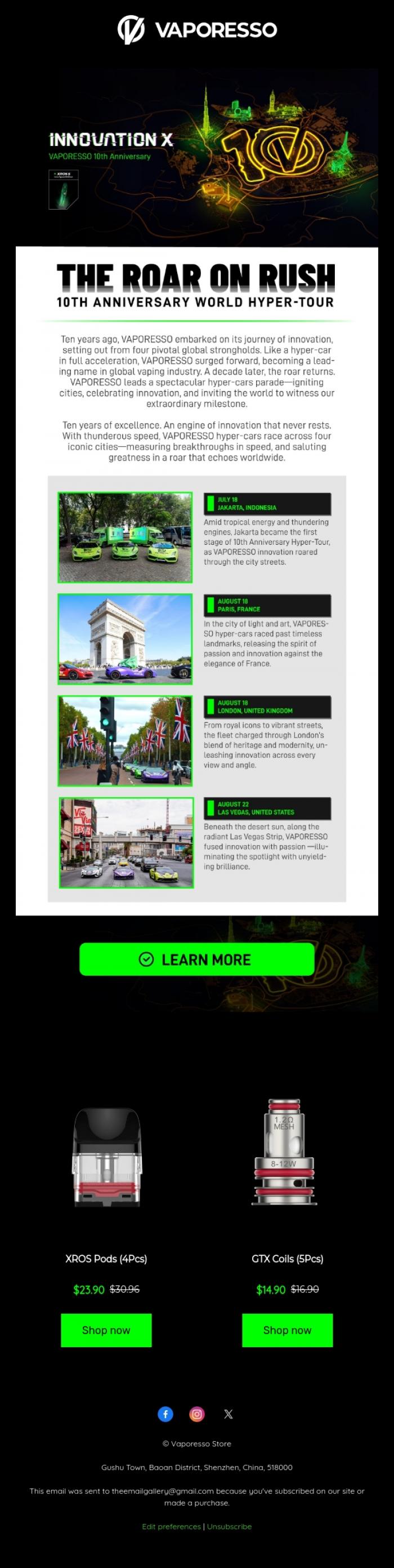 Email Design Inspiration from Vaporesso Store, 📣VAPORESSO 10th Anniversary World Hyper-Tour🏎️