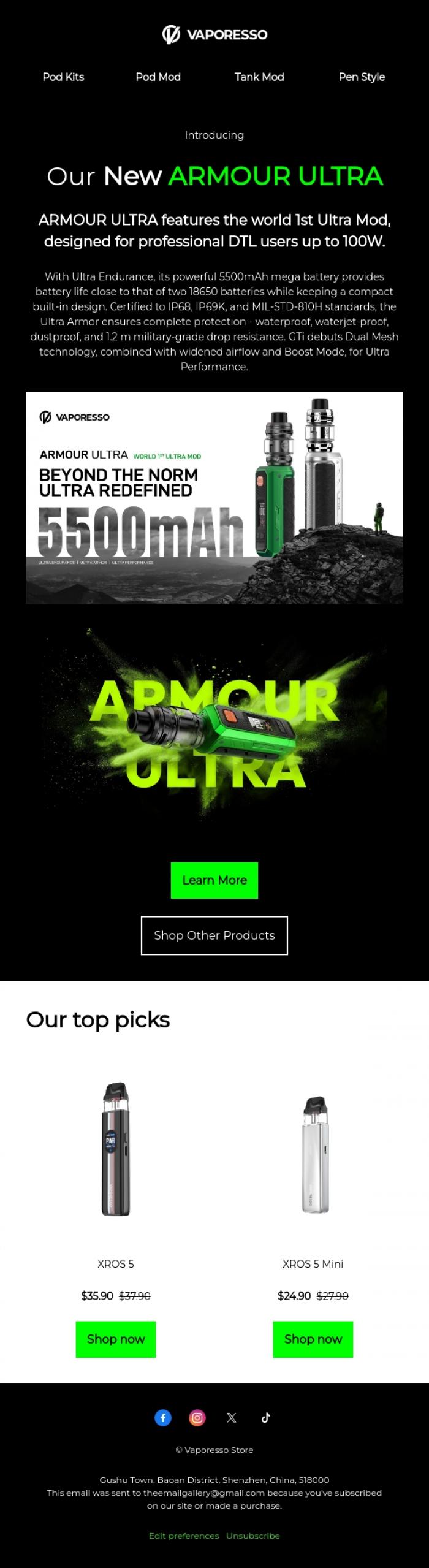 Email Design Inspiration from Vaporesso Store, 🚀 ARMOUR ULTRA is here - Your next-level vape gear has arrived!