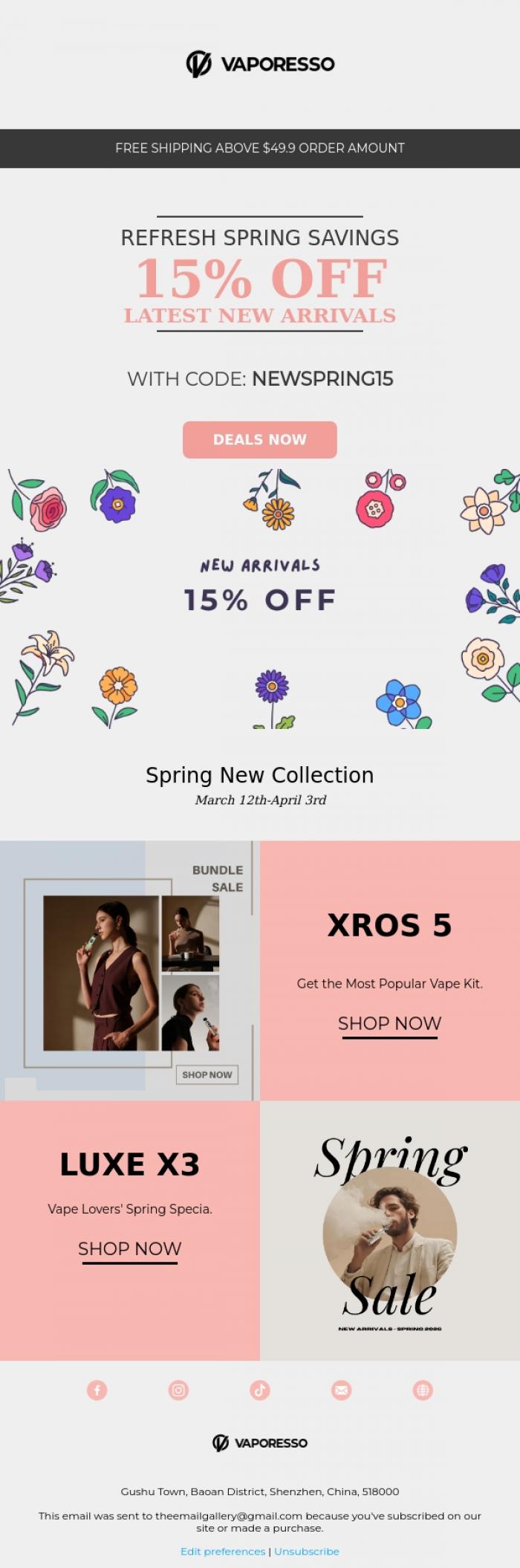 Email Design Inspiration from Vaporesso Store, 🌸Introducing XROS 5 Series | 15% Off Launch Pricing 🚀